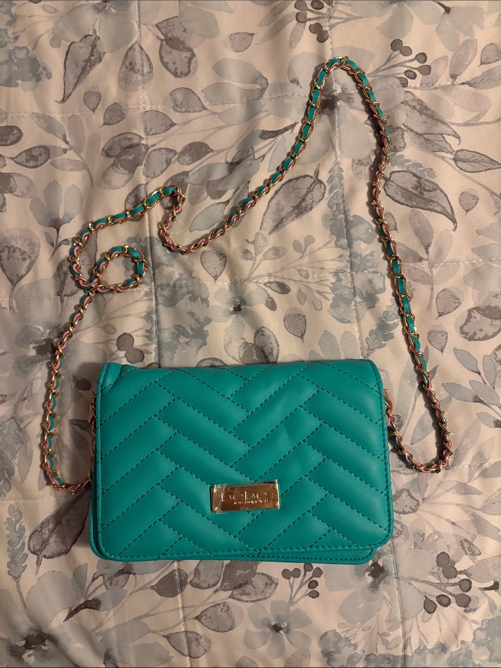 bebe Teal Quilted Crossbody with Gold Chain